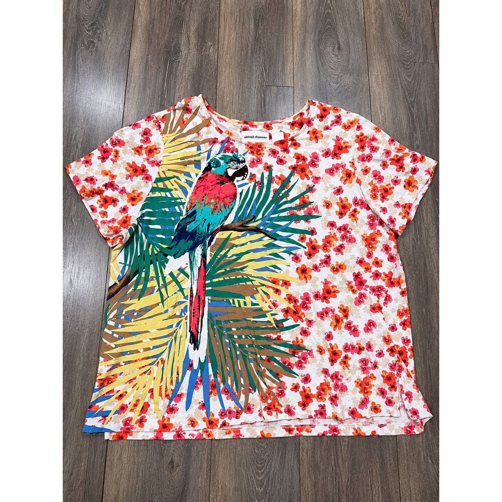 Alfred Dunner Womens XL Parrot Macaw Tropical Floral Sequin Short Sleeve Top